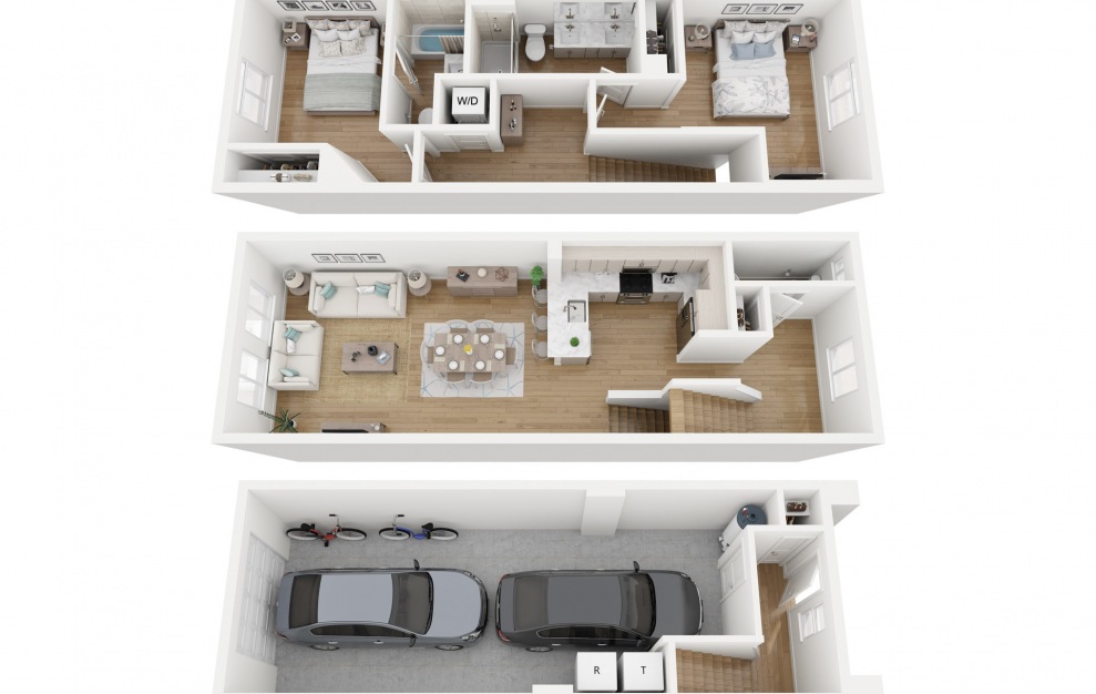 2A - 2 bedroom floorplan layout with 2.5 baths and 1273 square feet. (Combined Floors)