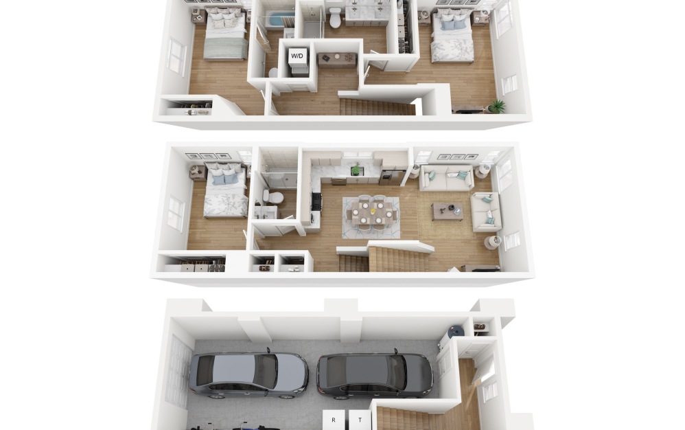 2B - 3 bedroom floorplan layout with 3 bathrooms and 1463 square feet (Combined Floors )