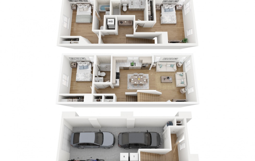 2B - 3 bedroom floorplan layout with 3 baths and 1463 square feet. (Combined Floors)