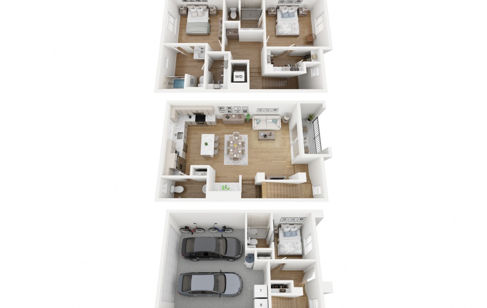 3B - 3 bedroom floorplan layout with 3.5 baths and 1578 square feet. (Combined Floors)