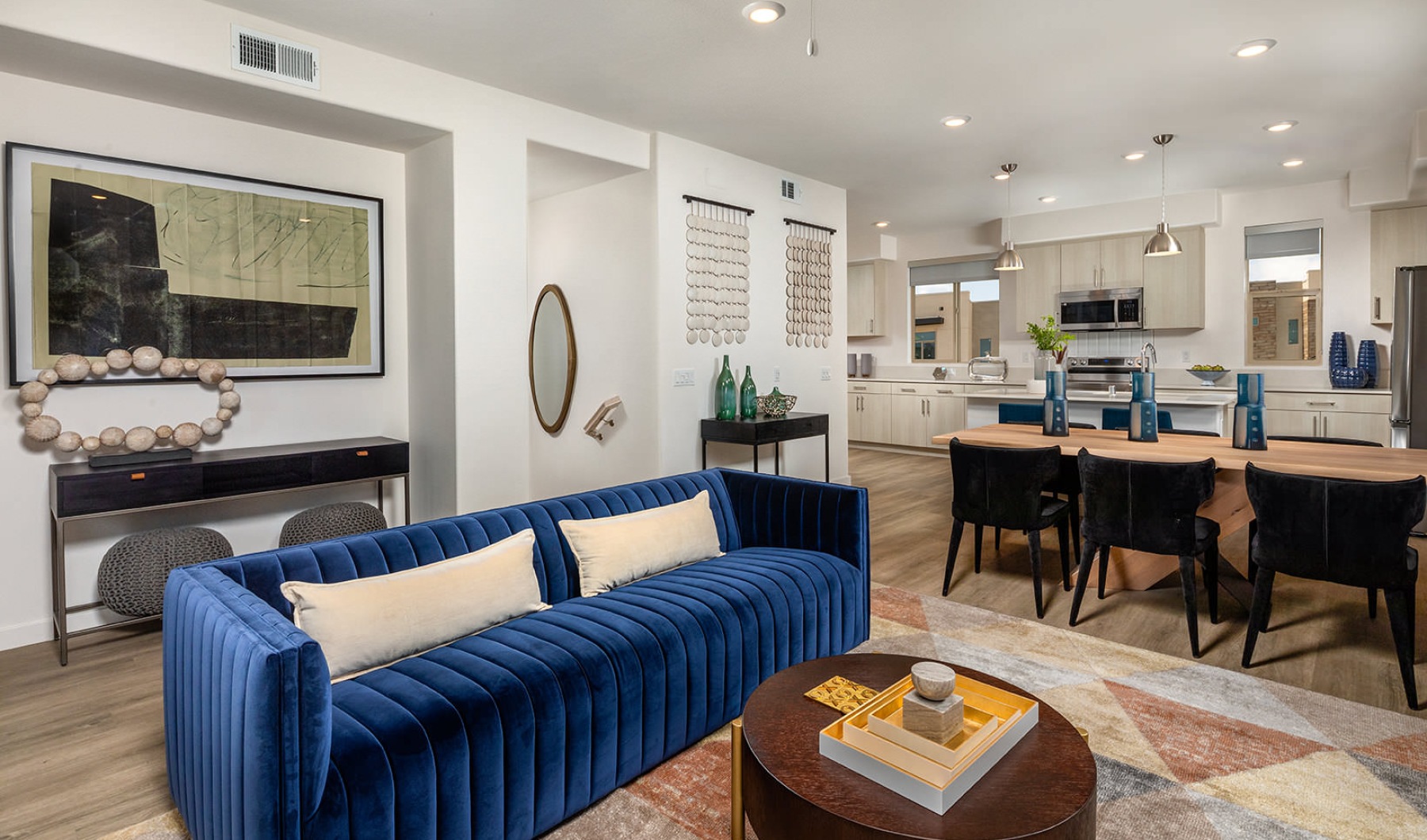 living room open to dining area